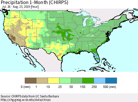 United States Precipitation 1-Month (CHIRPS) Thematic Map For 7/26/2019 - 8/25/2019