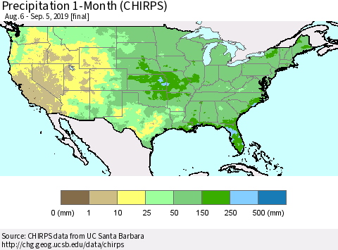 United States Precipitation 1-Month (CHIRPS) Thematic Map For 8/6/2019 - 9/5/2019