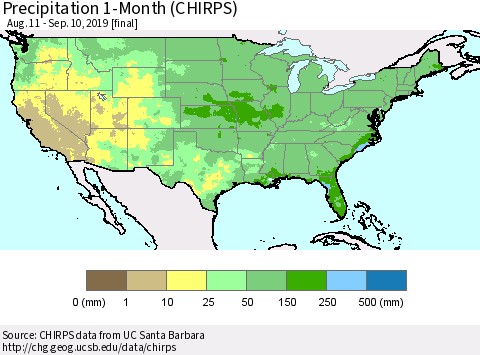 United States Precipitation 1-Month (CHIRPS) Thematic Map For 8/11/2019 - 9/10/2019