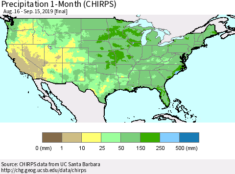 United States Precipitation 1-Month (CHIRPS) Thematic Map For 8/16/2019 - 9/15/2019