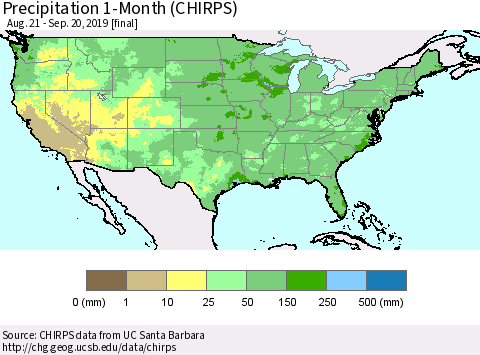 United States Precipitation 1-Month (CHIRPS) Thematic Map For 8/21/2019 - 9/20/2019