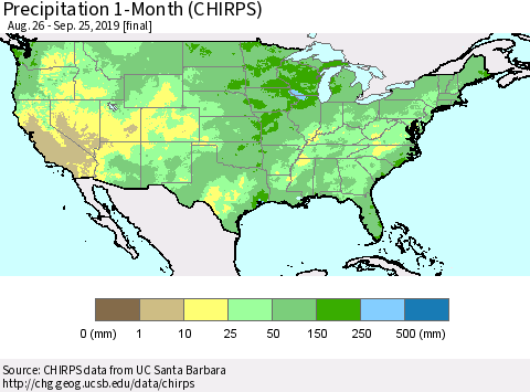 United States Precipitation 1-Month (CHIRPS) Thematic Map For 8/26/2019 - 9/25/2019