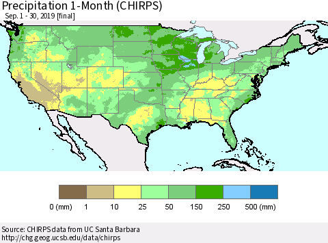 United States Precipitation 1-Month (CHIRPS) Thematic Map For 9/1/2019 - 9/30/2019