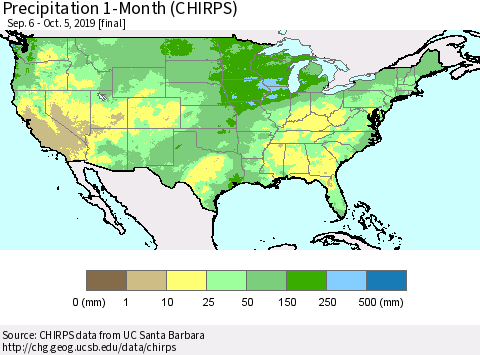 United States Precipitation 1-Month (CHIRPS) Thematic Map For 9/6/2019 - 10/5/2019