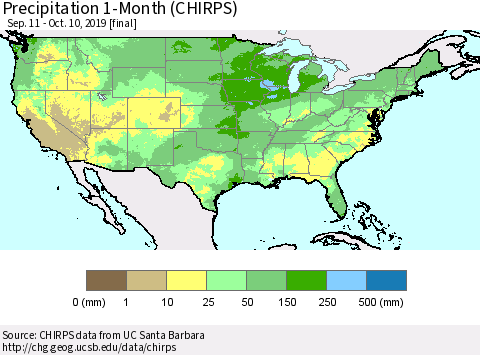 United States Precipitation 1-Month (CHIRPS) Thematic Map For 9/11/2019 - 10/10/2019