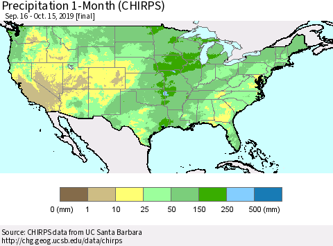 United States Precipitation 1-Month (CHIRPS) Thematic Map For 9/16/2019 - 10/15/2019