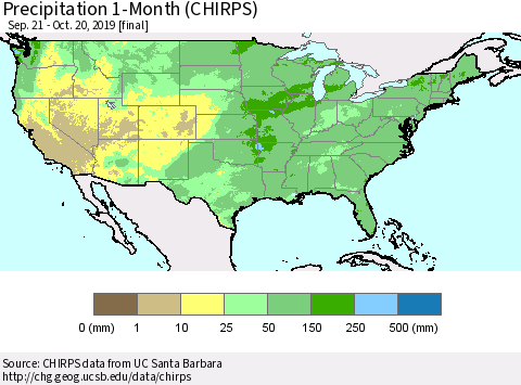 United States Precipitation 1-Month (CHIRPS) Thematic Map For 9/21/2019 - 10/20/2019