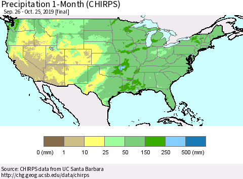United States Precipitation 1-Month (CHIRPS) Thematic Map For 9/26/2019 - 10/25/2019