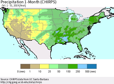 United States Precipitation 1-Month (CHIRPS) Thematic Map For 10/1/2019 - 10/31/2019