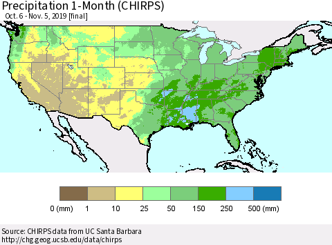 United States Precipitation 1-Month (CHIRPS) Thematic Map For 10/6/2019 - 11/5/2019