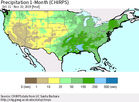 United States Precipitation 1-Month (CHIRPS) Thematic Map For 10/11/2019 - 11/10/2019