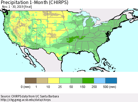 United States Precipitation 1-Month (CHIRPS) Thematic Map For 11/1/2019 - 11/30/2019