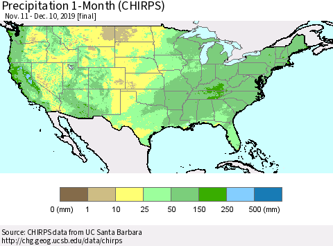 United States Precipitation 1-Month (CHIRPS) Thematic Map For 11/11/2019 - 12/10/2019