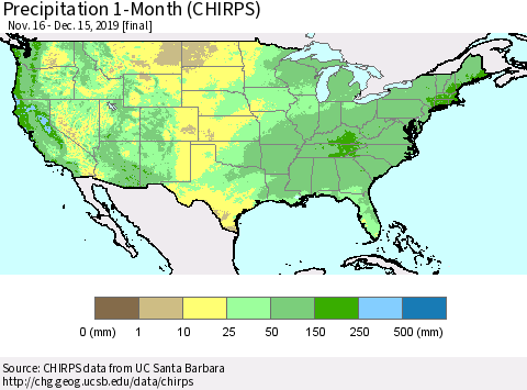 United States Precipitation 1-Month (CHIRPS) Thematic Map For 11/16/2019 - 12/15/2019