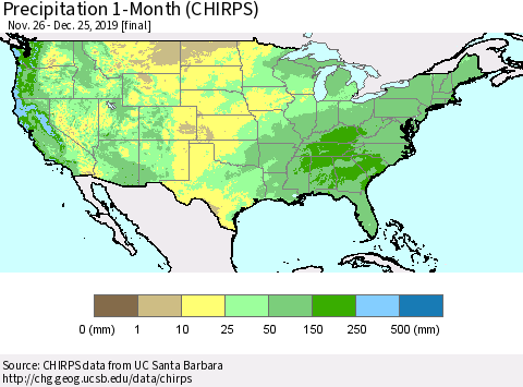 United States Precipitation 1-Month (CHIRPS) Thematic Map For 11/26/2019 - 12/25/2019