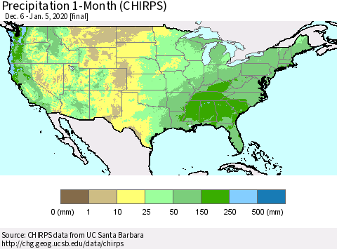 United States Precipitation 1-Month (CHIRPS) Thematic Map For 12/6/2019 - 1/5/2020