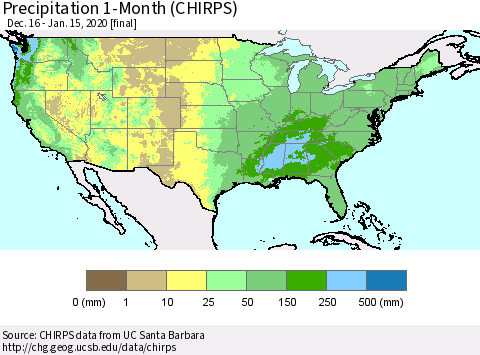 United States Precipitation 1-Month (CHIRPS) Thematic Map For 12/16/2019 - 1/15/2020