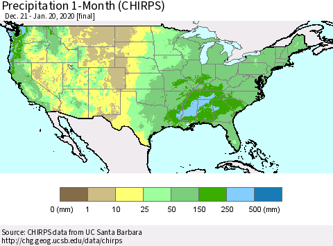 United States Precipitation 1-Month (CHIRPS) Thematic Map For 12/21/2019 - 1/20/2020