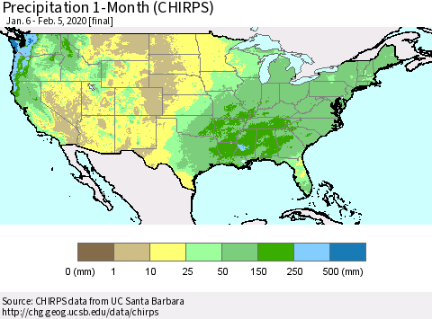 United States Precipitation 1-Month (CHIRPS) Thematic Map For 1/6/2020 - 2/5/2020