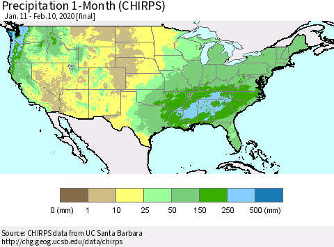 United States Precipitation 1-Month (CHIRPS) Thematic Map For 1/11/2020 - 2/10/2020