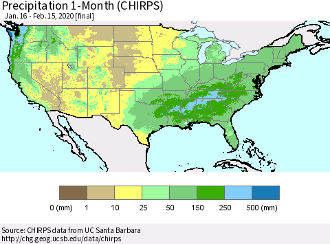 United States Precipitation 1-Month (CHIRPS) Thematic Map For 1/16/2020 - 2/15/2020