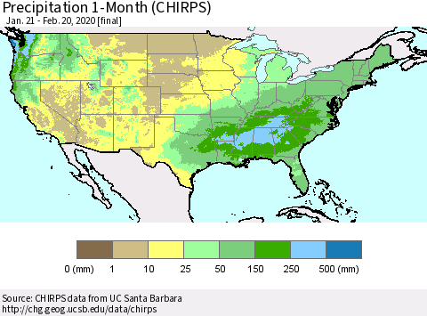 United States Precipitation 1-Month (CHIRPS) Thematic Map For 1/21/2020 - 2/20/2020