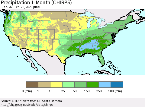 United States Precipitation 1-Month (CHIRPS) Thematic Map For 1/26/2020 - 2/25/2020