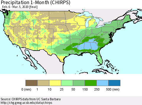 United States Precipitation 1-Month (CHIRPS) Thematic Map For 2/6/2020 - 3/5/2020