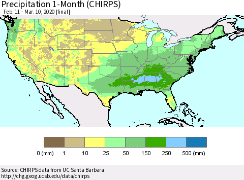 United States Precipitation 1-Month (CHIRPS) Thematic Map For 2/11/2020 - 3/10/2020