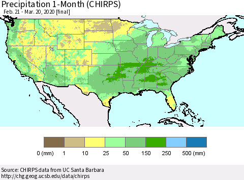 United States Precipitation 1-Month (CHIRPS) Thematic Map For 2/21/2020 - 3/20/2020