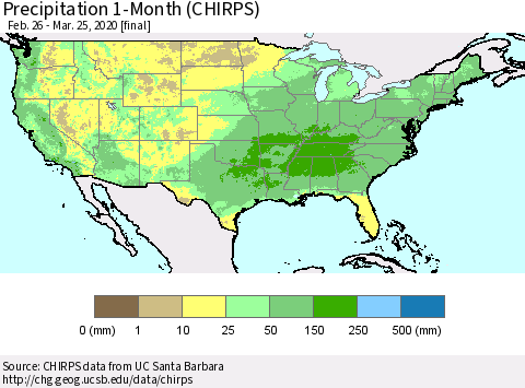 United States Precipitation 1-Month (CHIRPS) Thematic Map For 2/26/2020 - 3/25/2020