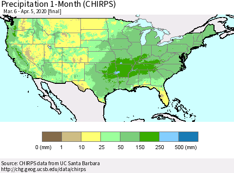 United States Precipitation 1-Month (CHIRPS) Thematic Map For 3/6/2020 - 4/5/2020