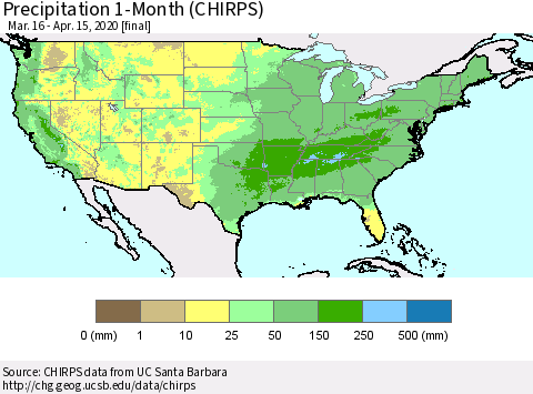 United States Precipitation 1-Month (CHIRPS) Thematic Map For 3/16/2020 - 4/15/2020