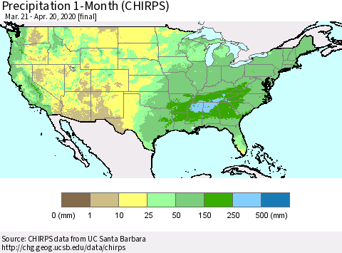 United States Precipitation 1-Month (CHIRPS) Thematic Map For 3/21/2020 - 4/20/2020