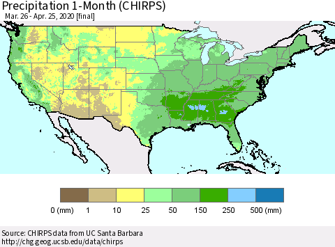 United States Precipitation 1-Month (CHIRPS) Thematic Map For 3/26/2020 - 4/25/2020