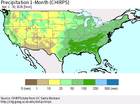 United States Precipitation 1-Month (CHIRPS) Thematic Map For 4/1/2020 - 4/30/2020