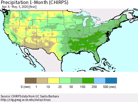 United States Precipitation 1-Month (CHIRPS) Thematic Map For 4/6/2020 - 5/5/2020