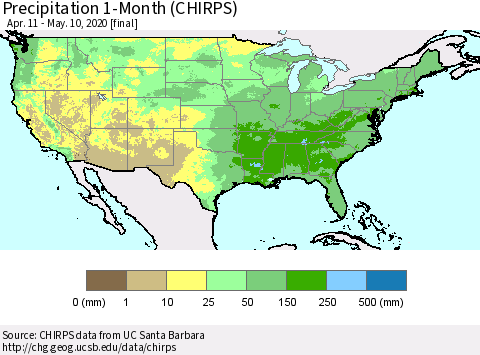 United States Precipitation 1-Month (CHIRPS) Thematic Map For 4/11/2020 - 5/10/2020