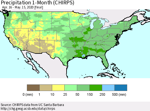 United States Precipitation 1-Month (CHIRPS) Thematic Map For 4/16/2020 - 5/15/2020