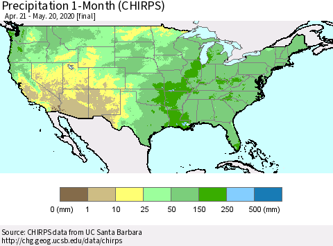 United States Precipitation 1-Month (CHIRPS) Thematic Map For 4/21/2020 - 5/20/2020