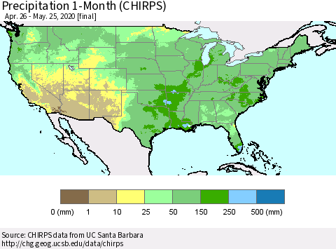 United States Precipitation 1-Month (CHIRPS) Thematic Map For 4/26/2020 - 5/25/2020