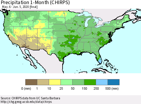 United States Precipitation 1-Month (CHIRPS) Thematic Map For 5/6/2020 - 6/5/2020