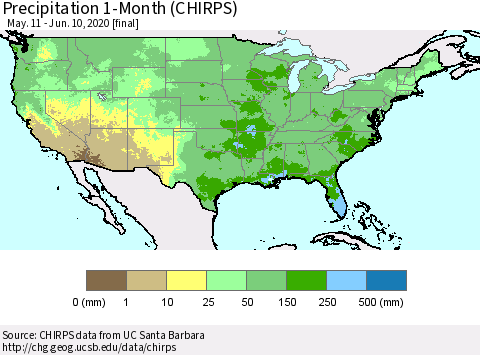 United States Precipitation 1-Month (CHIRPS) Thematic Map For 5/11/2020 - 6/10/2020