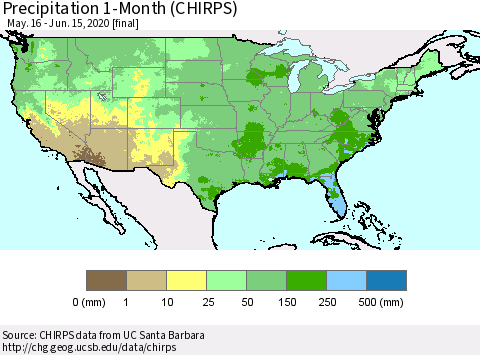 United States Precipitation 1-Month (CHIRPS) Thematic Map For 5/16/2020 - 6/15/2020