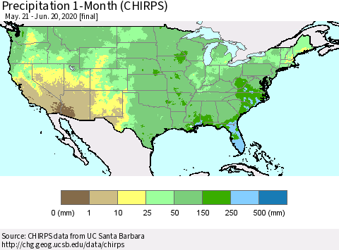 United States Precipitation 1-Month (CHIRPS) Thematic Map For 5/21/2020 - 6/20/2020