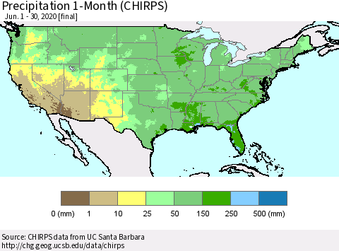 United States Precipitation 1-Month (CHIRPS) Thematic Map For 6/1/2020 - 6/30/2020