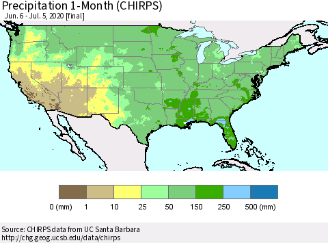 United States Precipitation 1-Month (CHIRPS) Thematic Map For 6/6/2020 - 7/5/2020