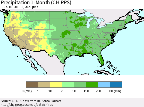 United States Precipitation 1-Month (CHIRPS) Thematic Map For 6/16/2020 - 7/15/2020