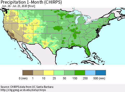 United States Precipitation 1-Month (CHIRPS) Thematic Map For 6/26/2020 - 7/25/2020