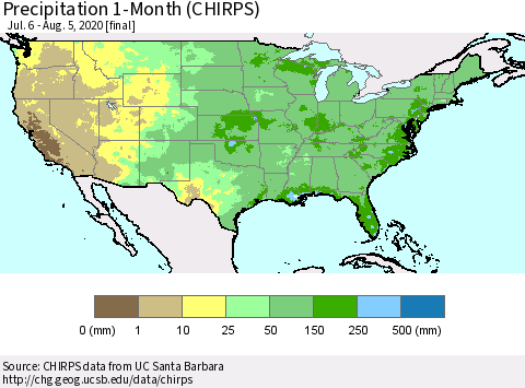 United States Precipitation 1-Month (CHIRPS) Thematic Map For 7/6/2020 - 8/5/2020
